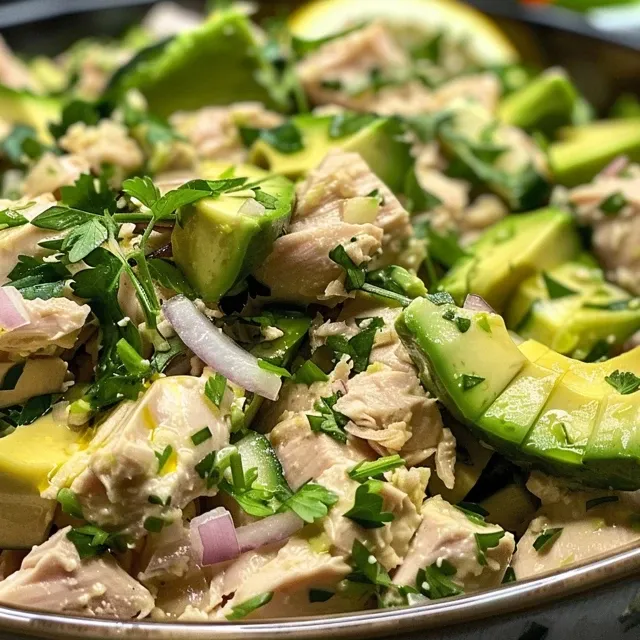 Juicy avocado tuna salad displayed in a bowl with fresh ingredients.