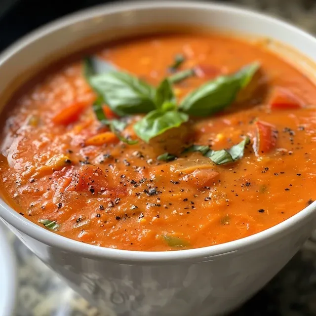 Rich, vibrant tomato basil soup displayed in a rustic bowl, drizzled with olive oil and topped with parmesan.