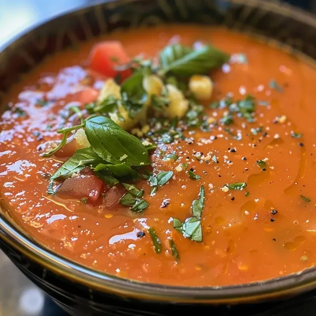 Side view of a bowl filled with vibrant tomato basil soup with a drizzle of cream.