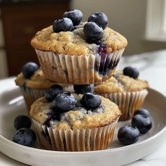 Side view of homemade blueberry protein muffins with visible blueberries and golden tops.
