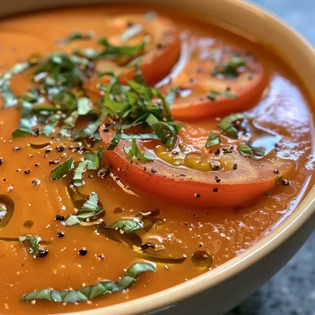 A vibrant bowl of roasted tomato basil soup with slices of Roma tomatoes and herbs on display.