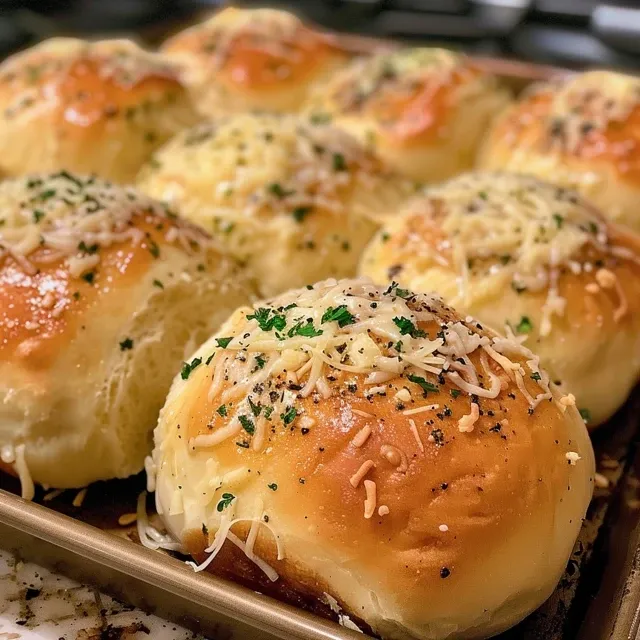 Juicy Garlic Butter Parmesan Rolls topped with herbs and garlic.