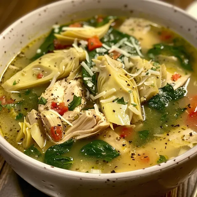 Side view of a bowl filled with Chicken Spinach Artichoke Soup, showcasing spinach and melted cheese on top.