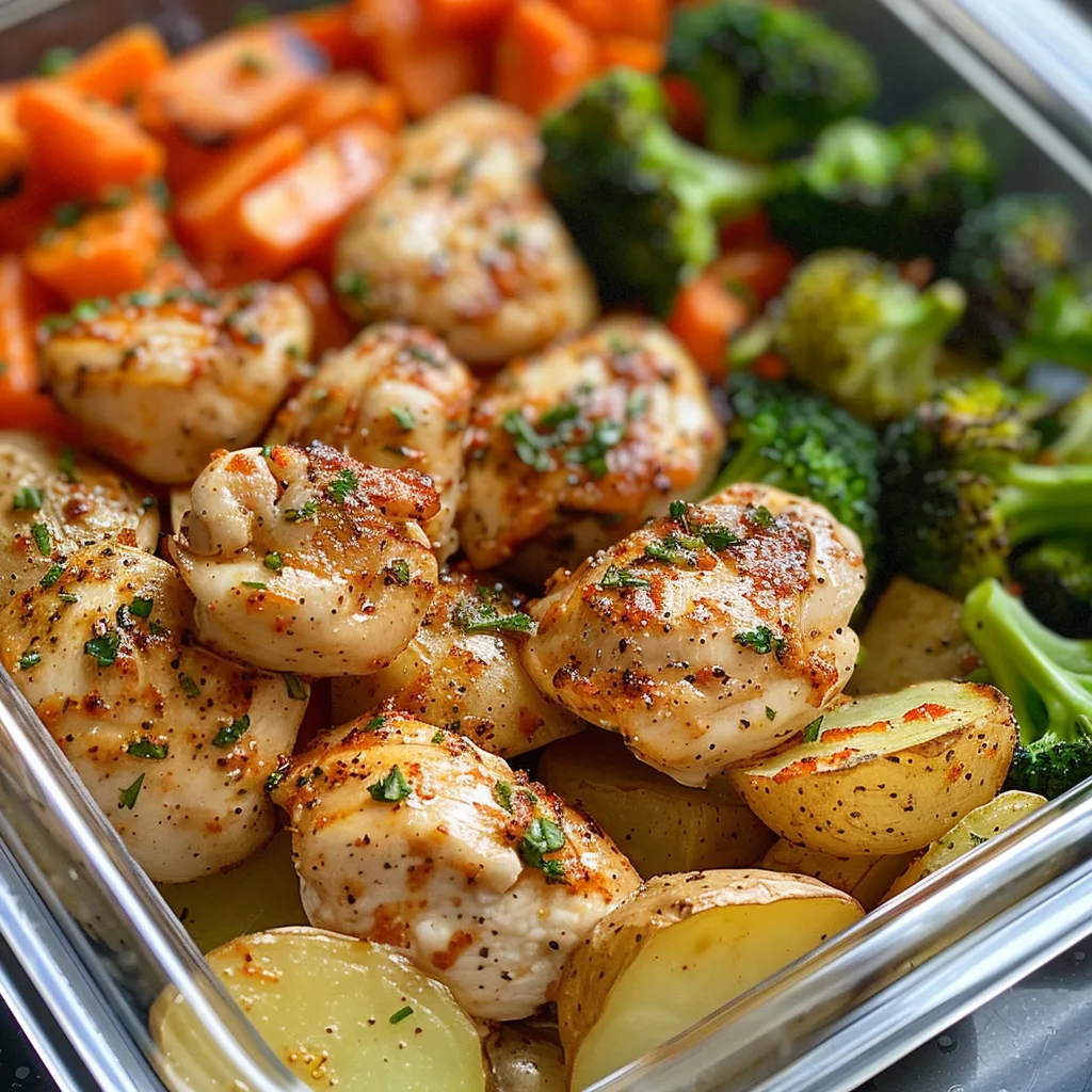 Juicy chicken chunks and colorful veggies in meal prep containers.