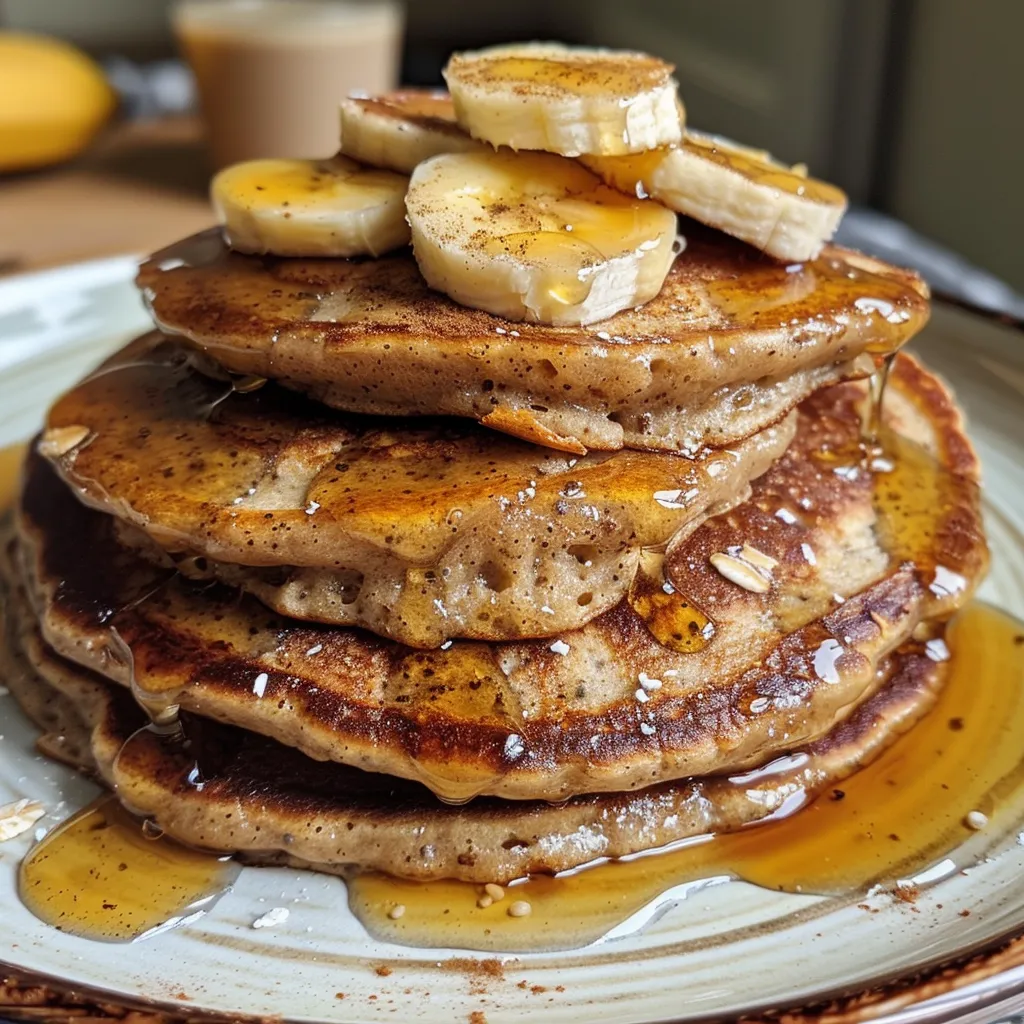 Side view of three-ingredient banana oat pancakes topped with syrup.