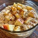 Close-up of a bowl filled with apple cinnamon overnight oats topped with diced apples and a sprinkle of cinnamon.