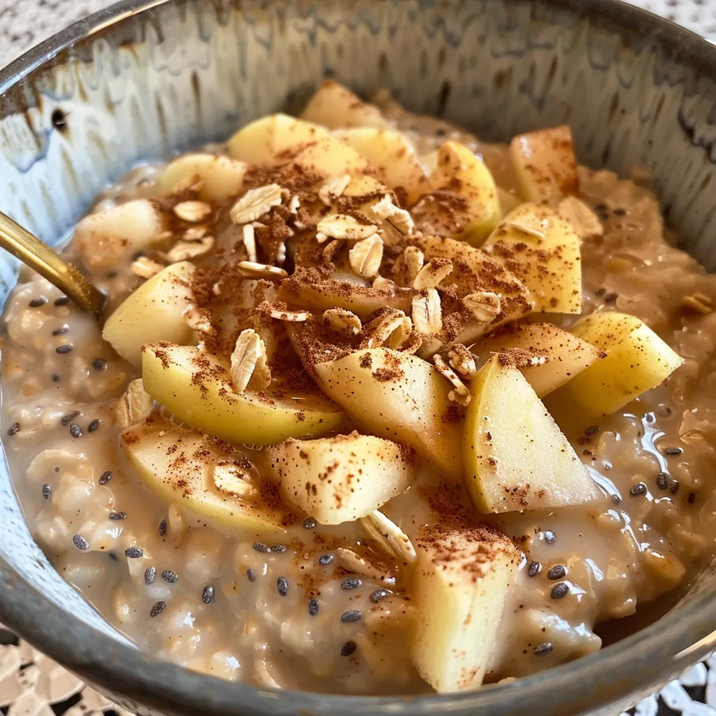 Side view of creamy apple cinnamon overnight oats in a glass jar, showcasing the layered ingredients and textures.