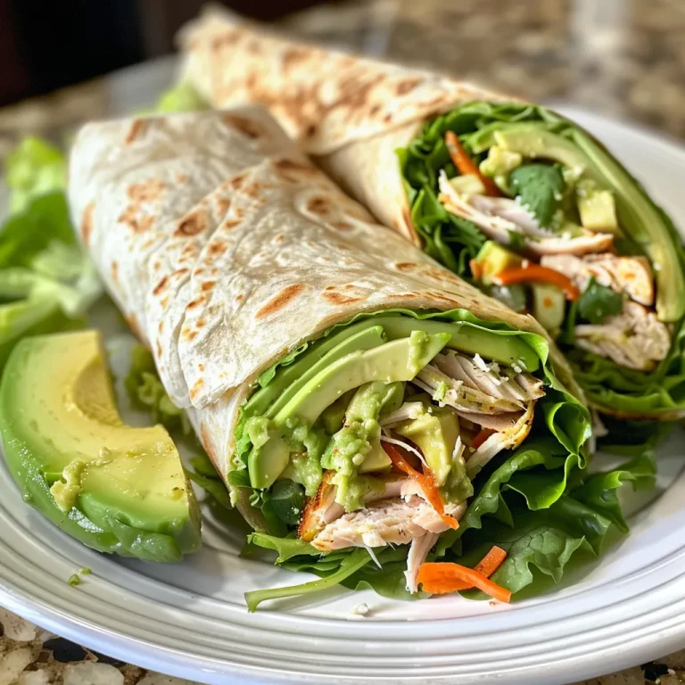 A close-up side view of a turkey wrap filled with avocado, cilantro, lettuce, and vegetables.