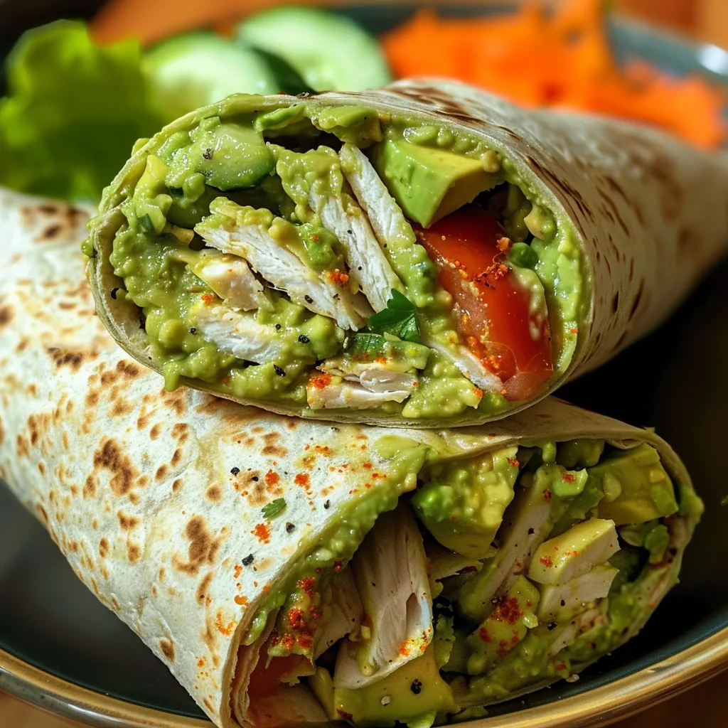 A vibrant avocado turkey wrap showcasing fresh ingredients, including cilantro and shredded carrots.