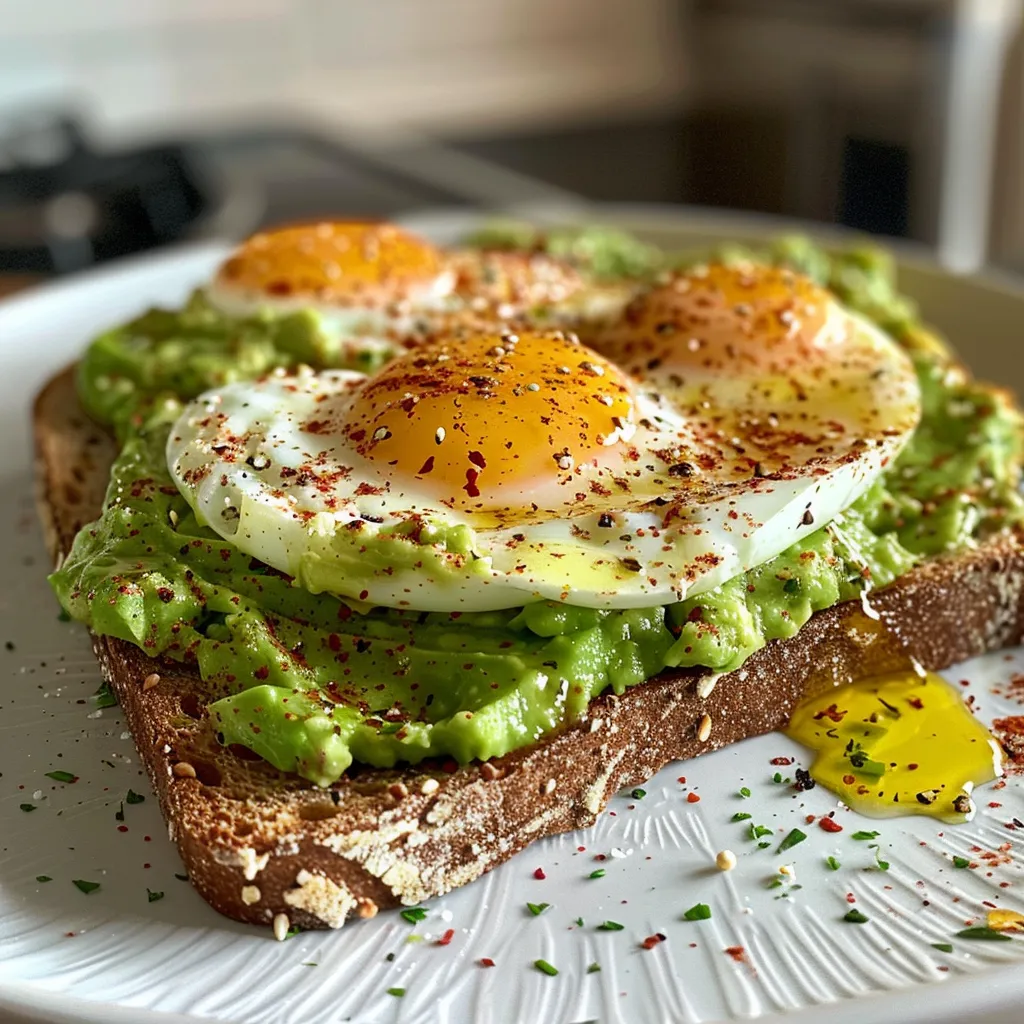 Side view of a slice of avocado and egg toast, showing creamy avocado and a perfectly cooked egg.