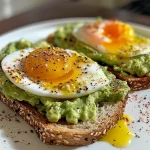 Close-up view of avocado toast topped with a perfectly cooked egg on whole grain bread.