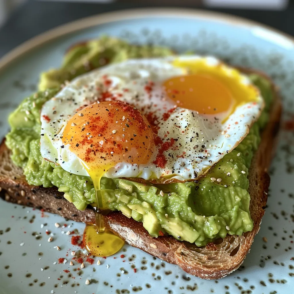 Side view of a slice of avocado toast garnished with a sunny-side-up egg and sprinkled spices.