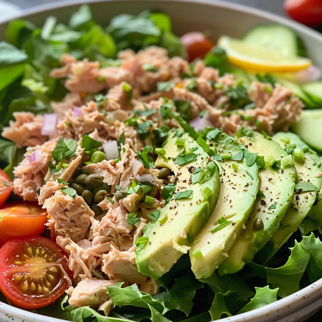 Close-up view of a colorful avocado tuna salad bowl with cherry tomatoes and herbs.