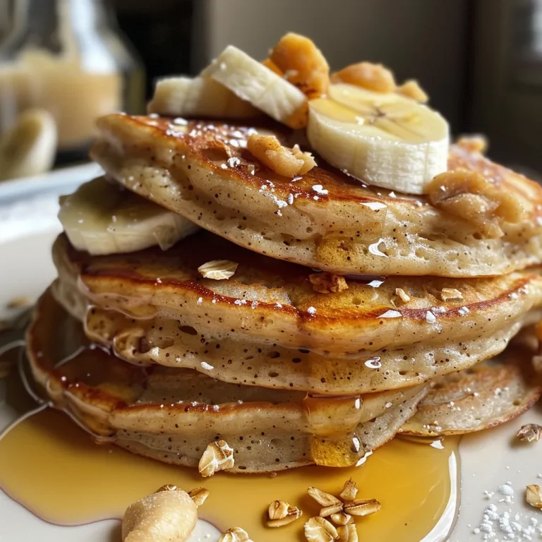 Close-up view of fluffy banana oat pancakes stacked on a plate, drizzled with syrup.