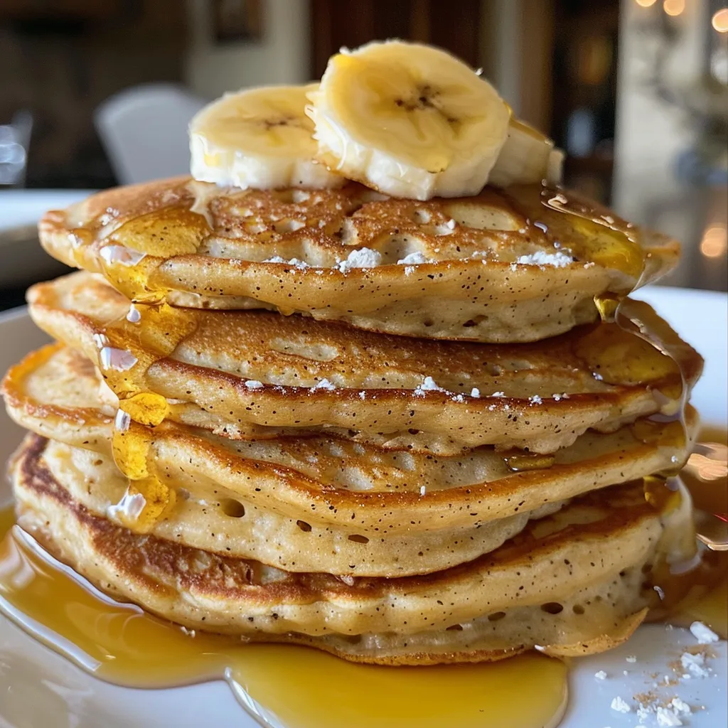 Side photo of golden-brown banana oat pancakes garnished with banana slices and cinnamon.
