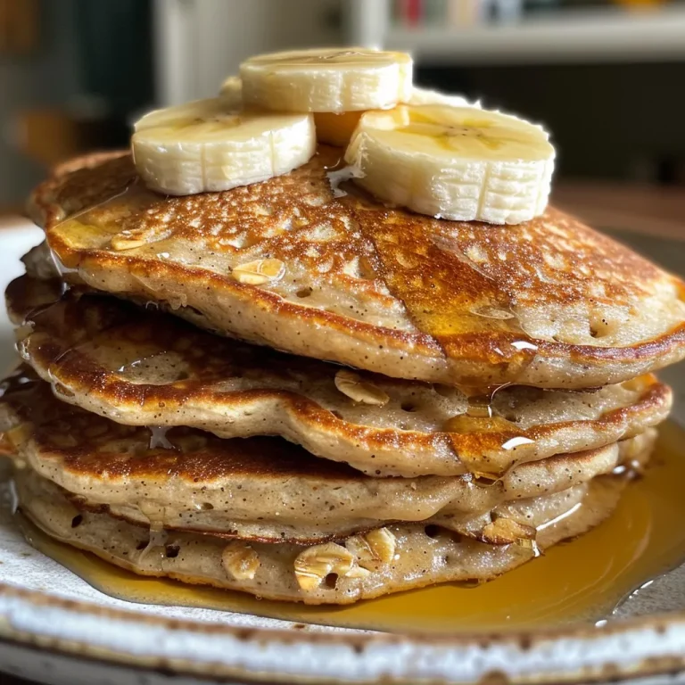 A close-up view of golden-brown banana oatmeal pancakes stacked high on a white plate.