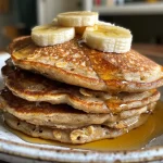 Close-up view of fluffy banana oatmeal pancakes stacked on a plate.