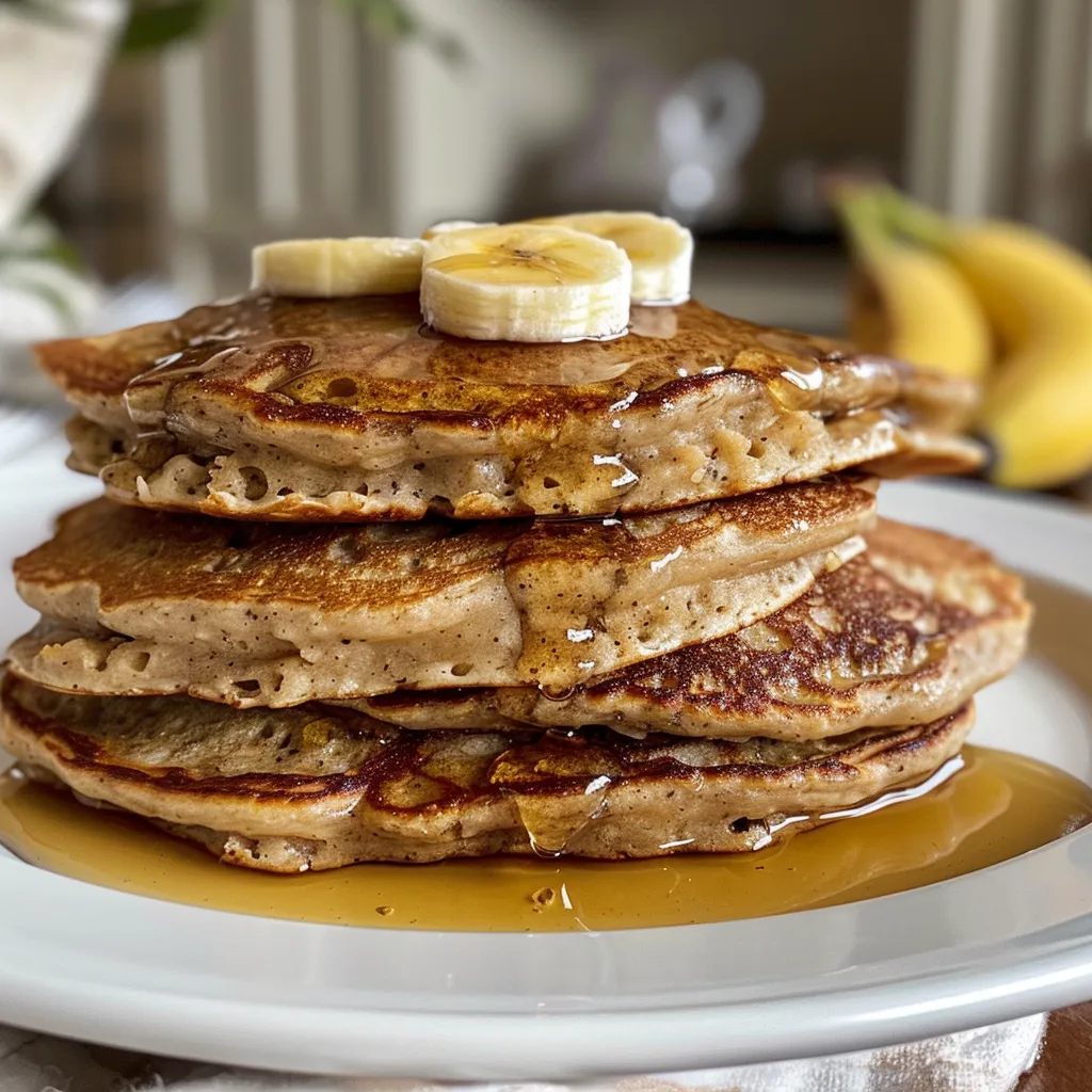 Side view of golden-brown banana oatmeal pancakes topped with fresh banana slices.