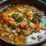 A close-up view of a bowl of barley soup with vegetables and herbs.