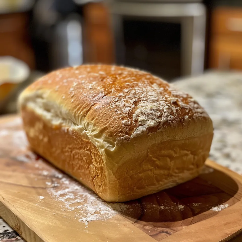 Side view of a loaf of homemade bread showing its soft texture and crust.