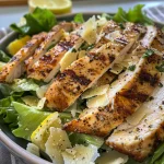 Close-up of a juicy Caesar salad featuring grilled chicken slices on a bed of Romaine lettuce.