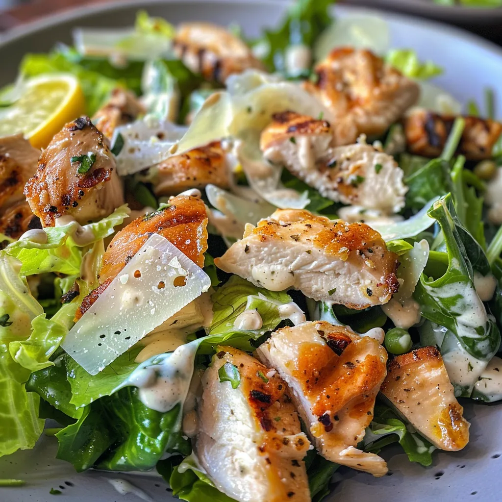 Side view of a fresh Caesar salad with tender chicken and creamy dressing, garnished with Parmesan.