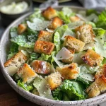 Close-up of a juicy Caesar salad with romaine lettuce, croutons, and Parmesan cheese.