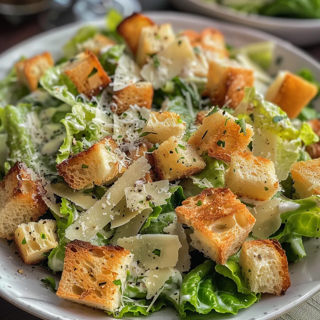 Side view of a vibrant Caesar salad, showcasing fresh ingredients and a creamy dressing.