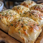 Close-up view of fluffy cheesy garlic dinner rolls, golden brown with melted cheese.