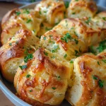 Close-up view of cheesy garlic pull-apart rolls with a golden-brown crust.