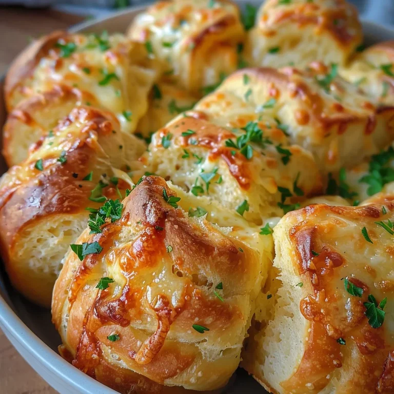 Close-up view of cheesy garlic pull-apart rolls with a golden-brown crust.