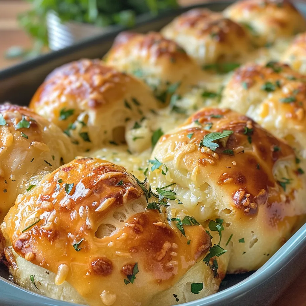 Side angle of gooey, cheesy garlic rolls, showcasing their soft texture.