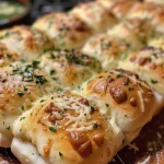 Close-up of golden-brown cheesy garlic rolls with melted cheese oozing out.
