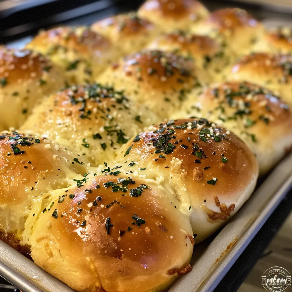 Side view of freshly baked cheesy garlic rolls with a sprinkle of parsley on top.