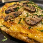 Close-up view of a cheesy mushroom omelette filled with sautéed mushrooms and melted cheese.