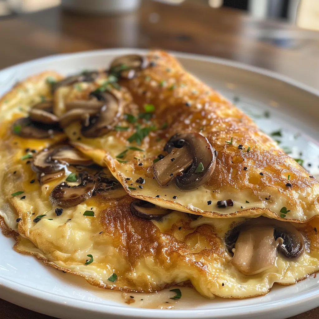 Side view of a fluffy omelette bursting with gooey cheese and fresh mushrooms.