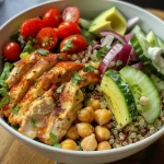 Close-up view of a Chicken and Quinoa Power Bowl with colorful ingredients.