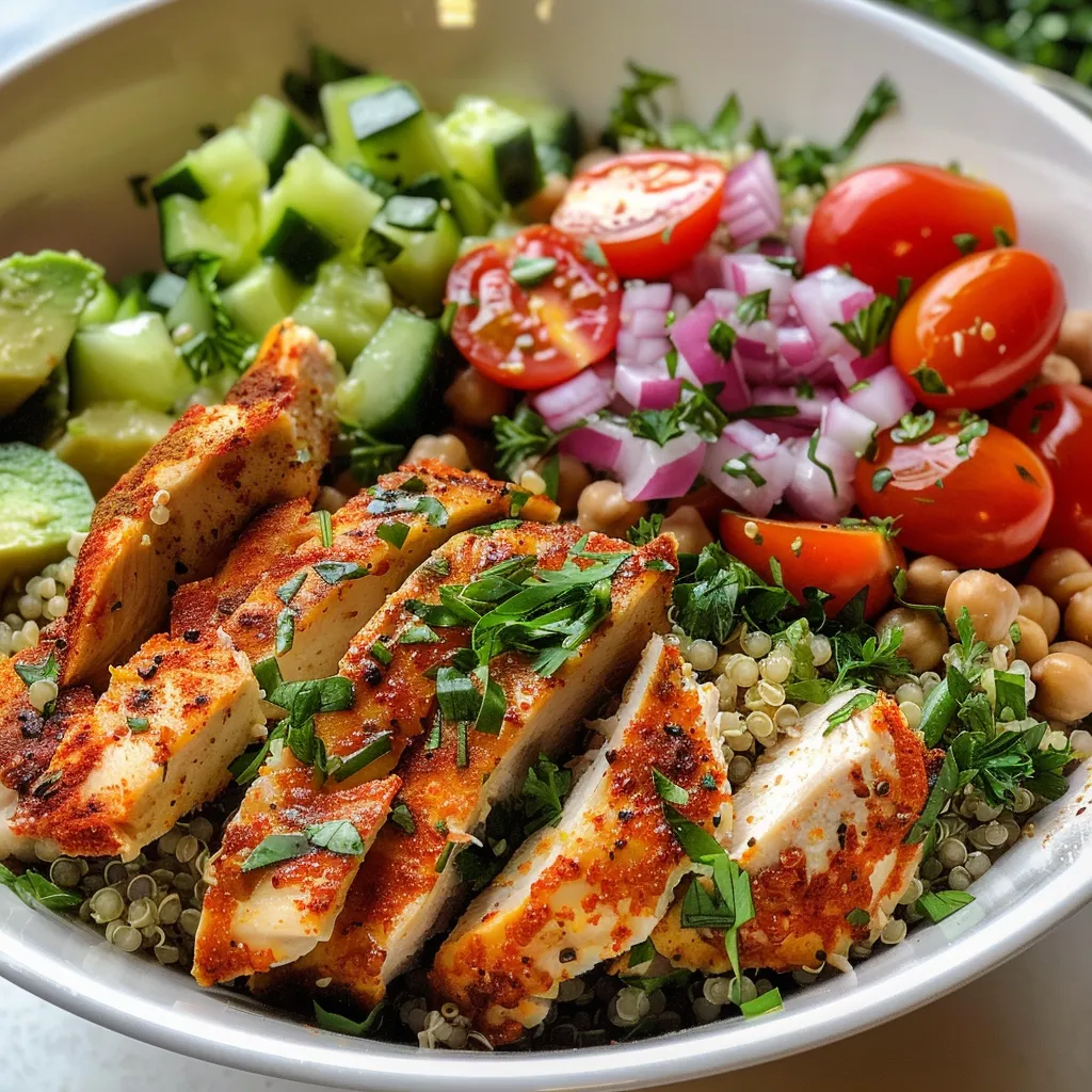 A vibrant Chicken and Quinoa Power Bowl featuring diced chicken and fresh vegetables.