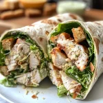 Close-up view of a Chicken Caesar Wrap with visible layers of chicken, lettuce, and dressing.