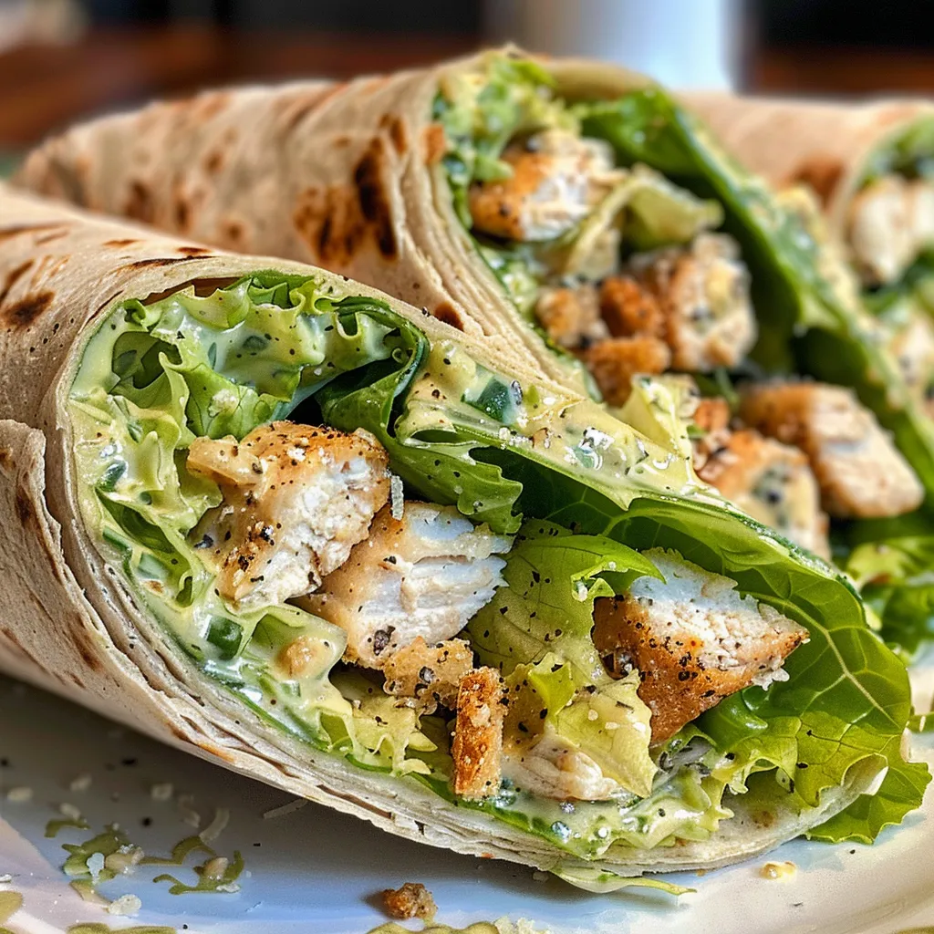 Side view of a juicy Chicken Caesar Wrap highlighting the ingredients inside a flour tortilla.