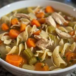 A close-up view of a steaming bowl of chicken noodle soup with egg noodles, showcasing diced chicken and colorful vegetables.