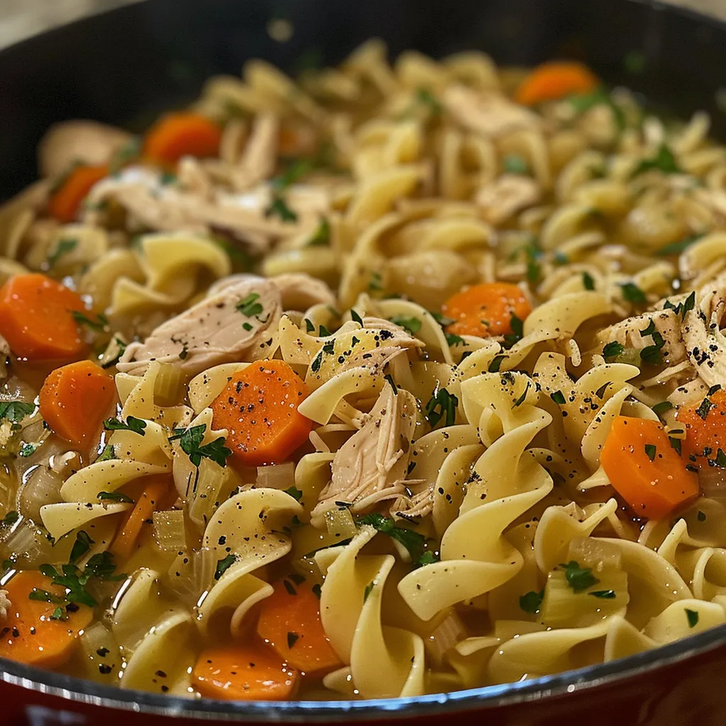 A detailed view of chicken noodle soup featuring chunks of chicken and vibrant vegetables.
