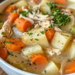 A close-up side view of a bowl of Chicken Potato Soup featuring diced potatoes and shredded chicken.