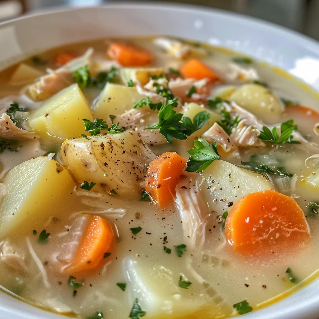 A vibrant photo of creamy Chicken Potato Soup with fresh vegetables garnished with parsley.