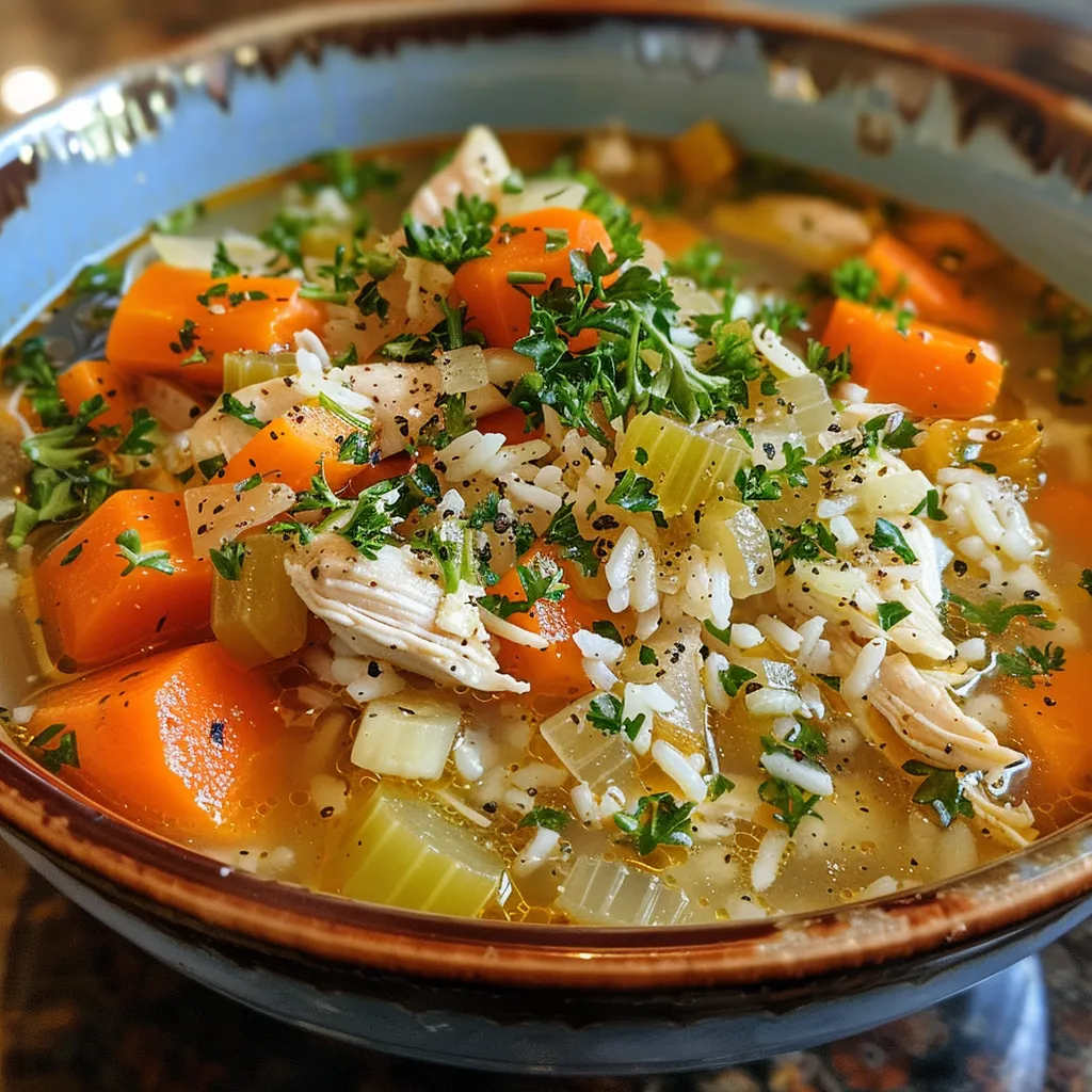 A side view of Chicken Vegetable Soup showcasing colorful vegetables and chicken pieces.