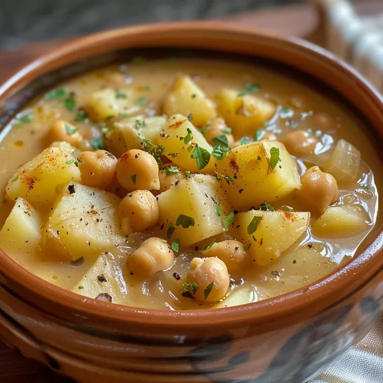 Close-up of a bowl of chickpea potato soup garnished with herbs.