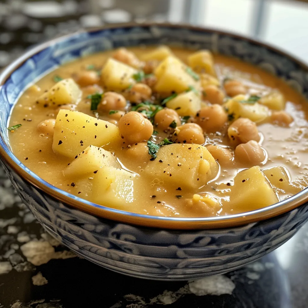 Side view of rich, creamy chickpea potato soup in a rustic bowl.