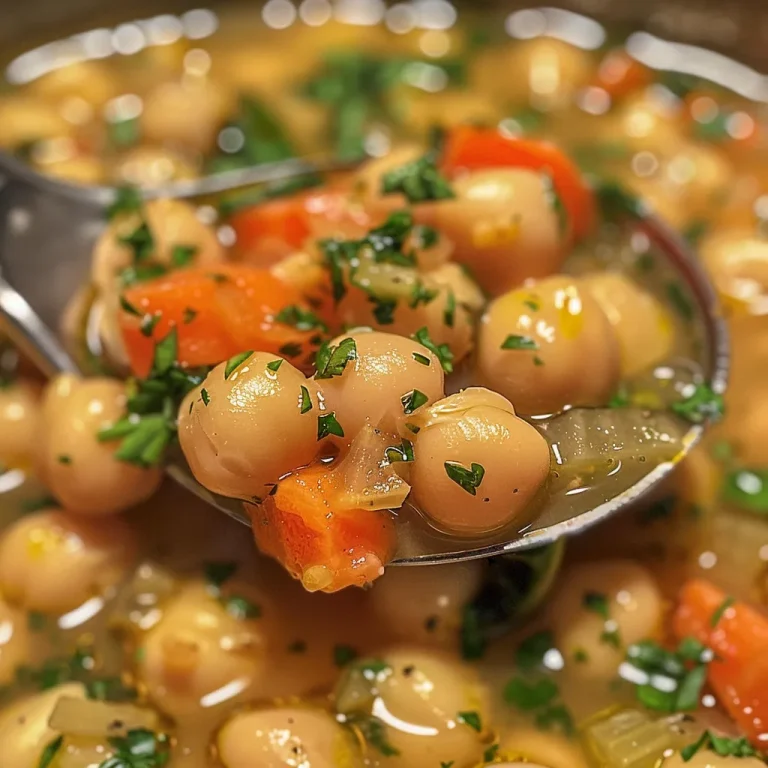 Close-up view of a bowl of colorful chickpea soup with visible vegetables.