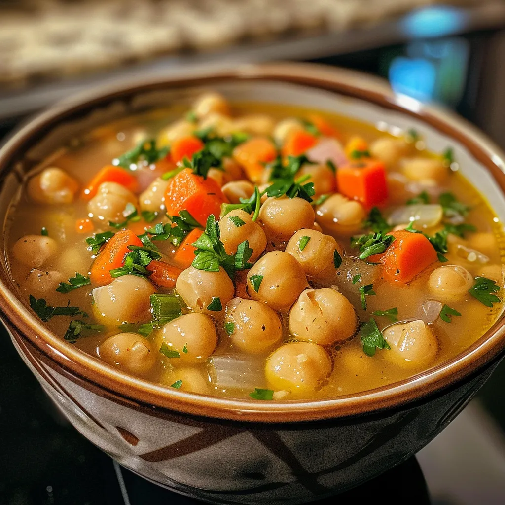 Side angle of a steaming bowl of chickpea soup, showcasing its hearty ingredients.