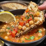 Close-up view of a bowl of Chickpea Tomato Soup topped with parsley and a drizzle of olive oil.